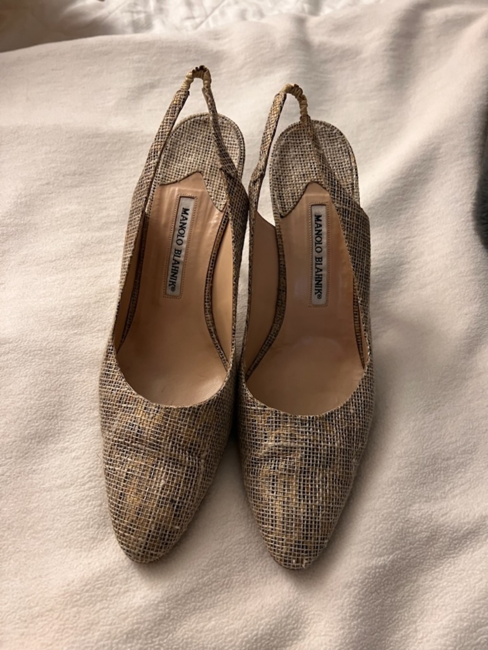 Manolo Blahnik Woven Tan and Beige Slingback Pumps